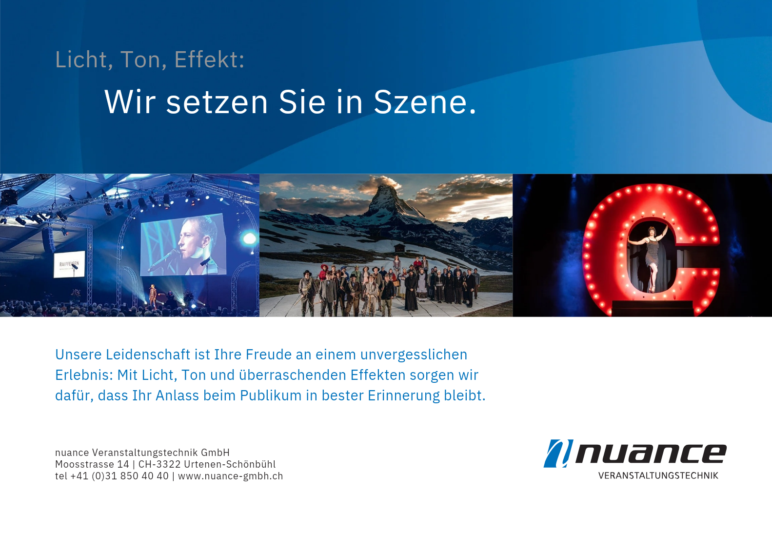 Footer Licht, Ton, Effekt mit 3 Referenzbilder Event, Theater, Musical